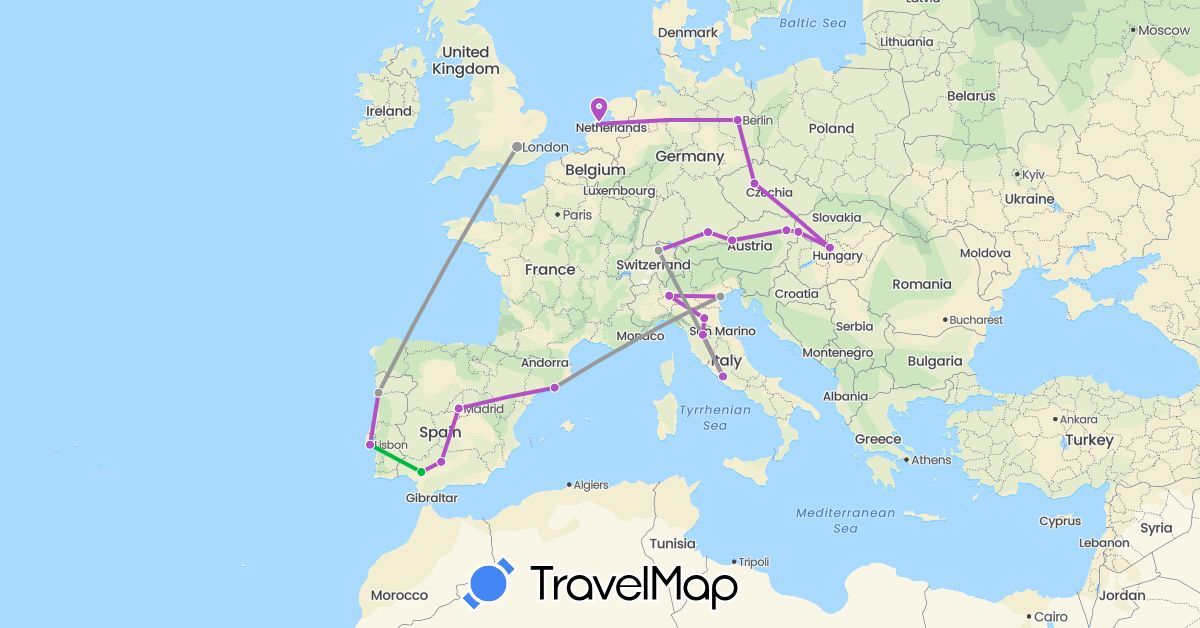 TravelMap itinerary: driving, bus, plane, train in Austria, Switzerland, Czech Republic, Germany, Spain, United Kingdom, Hungary, Italy, Netherlands, Portugal, Slovakia (Europe)